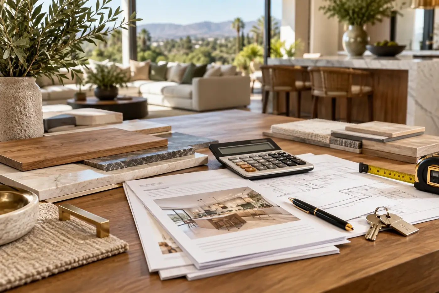 Renovation loan documents beside material samples and keys