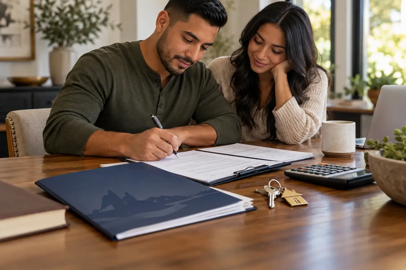 VA loan planning documents with keys and service member paperwork in an elegant setting