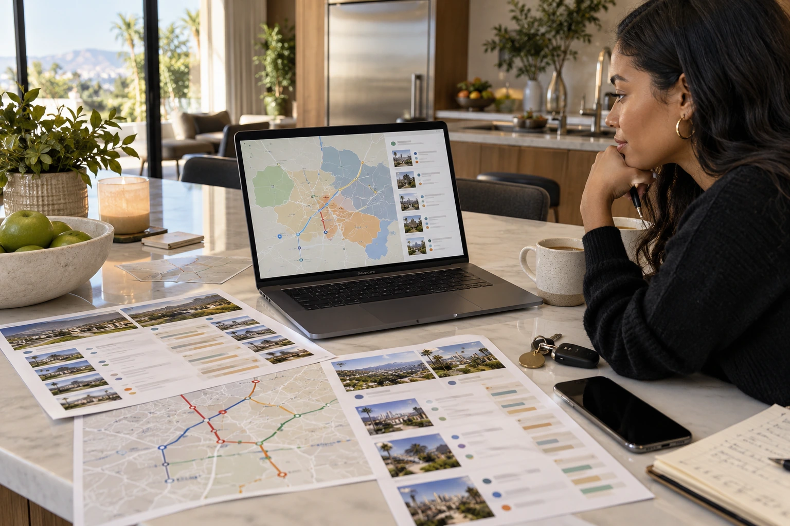 Neighborhood research setup with commute map and laptop