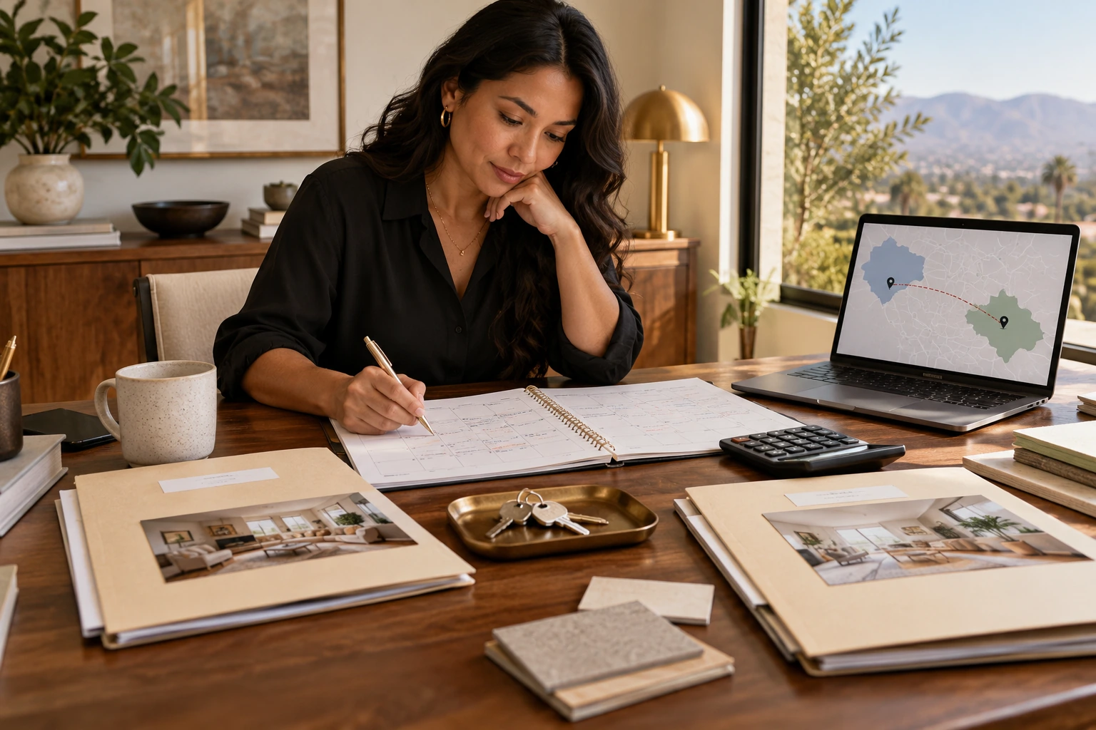 Two-city selling and buying timeline with keys moving folders and calendar