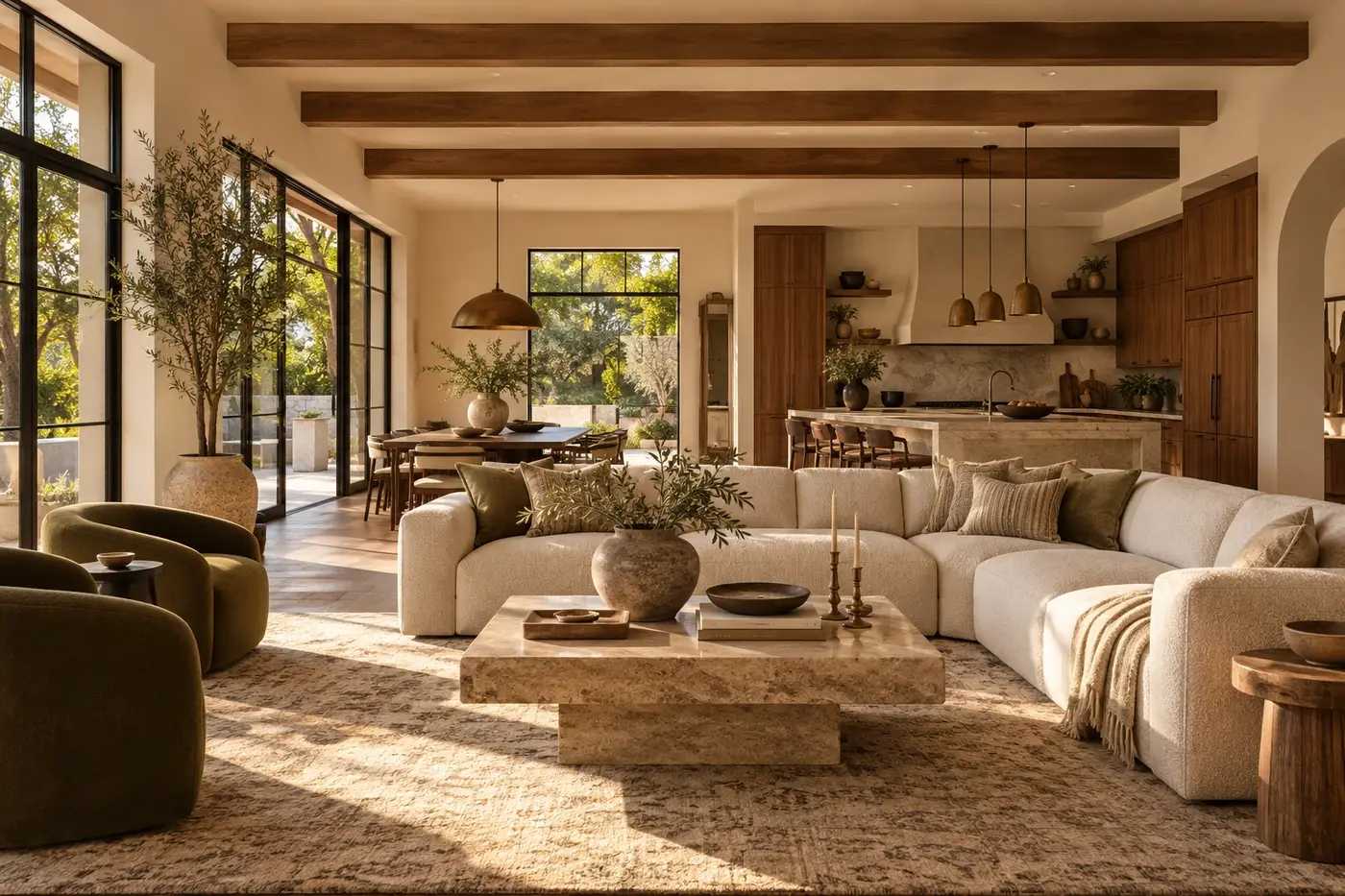 Residential living and dining rooms with layered furnishings and warm finishes