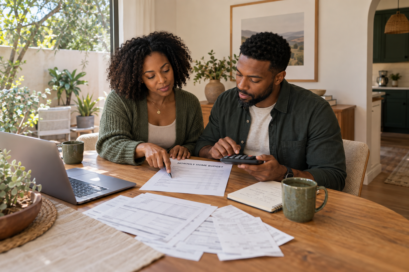 A couple working through their monthly home budget