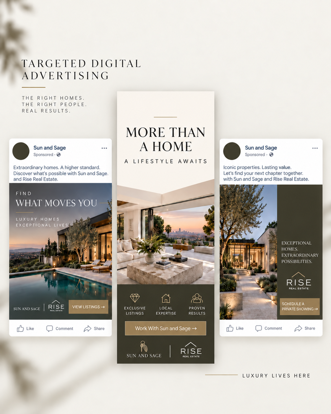 Property advertising examples with restrained Sun and Sage and Rise branding