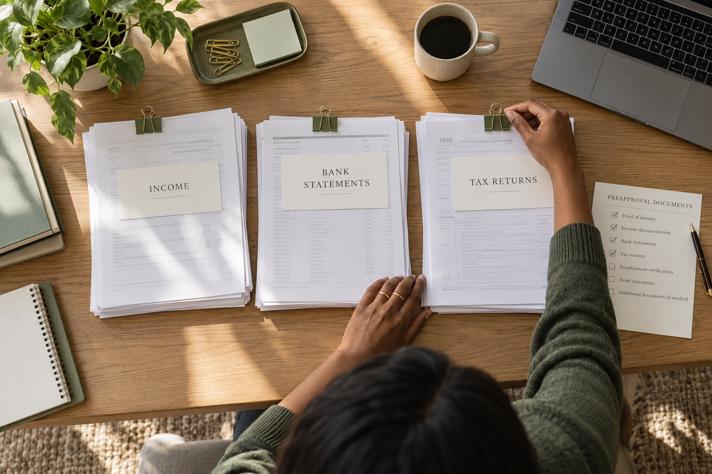 Preapproval document checklist with laptop calculator and keys