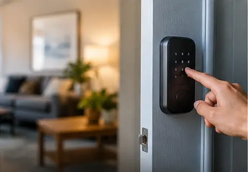 A hand operating a front-door smart lock with the home interior visible behind it, without signs or slogans