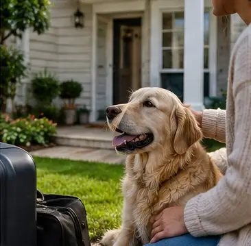 A trusted person with a dog and packed luggage outside the home before a trip