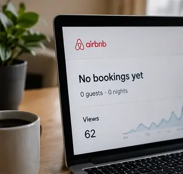 A laptop displaying an active rental listing dashboard with no bookings