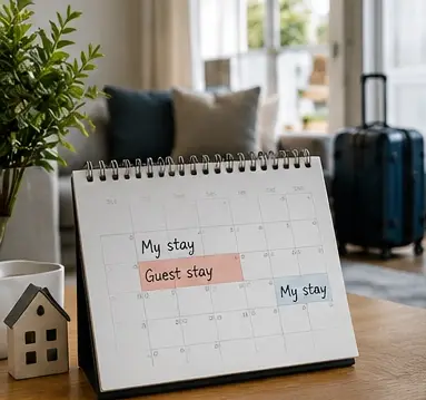 A calendar with separate owner and guest stays, with a suitcase ready nearby