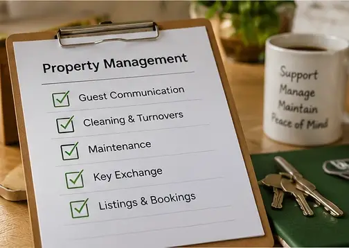 A property-management checklist beside house keys and an owner file