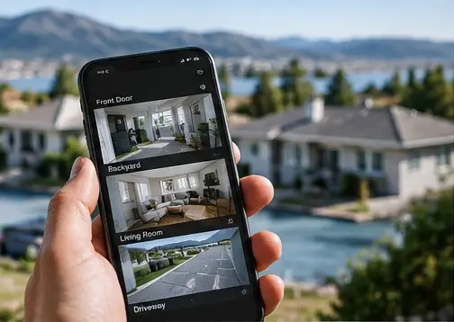 An owner away from the property reviewing home images on a phone