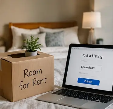 An available furnished bedroom beside a laptop prepared to publish a room listing